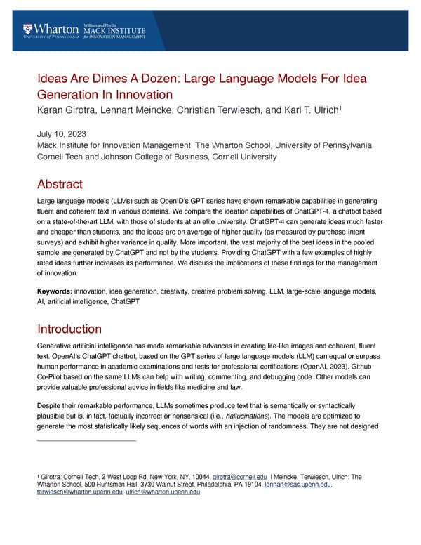 Ideas Are Dimes A Dozen: Large Language Models For Idea Generation In Innovation - Page 1